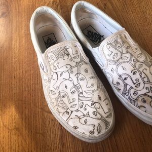 Custom hand drawn white slip on vans